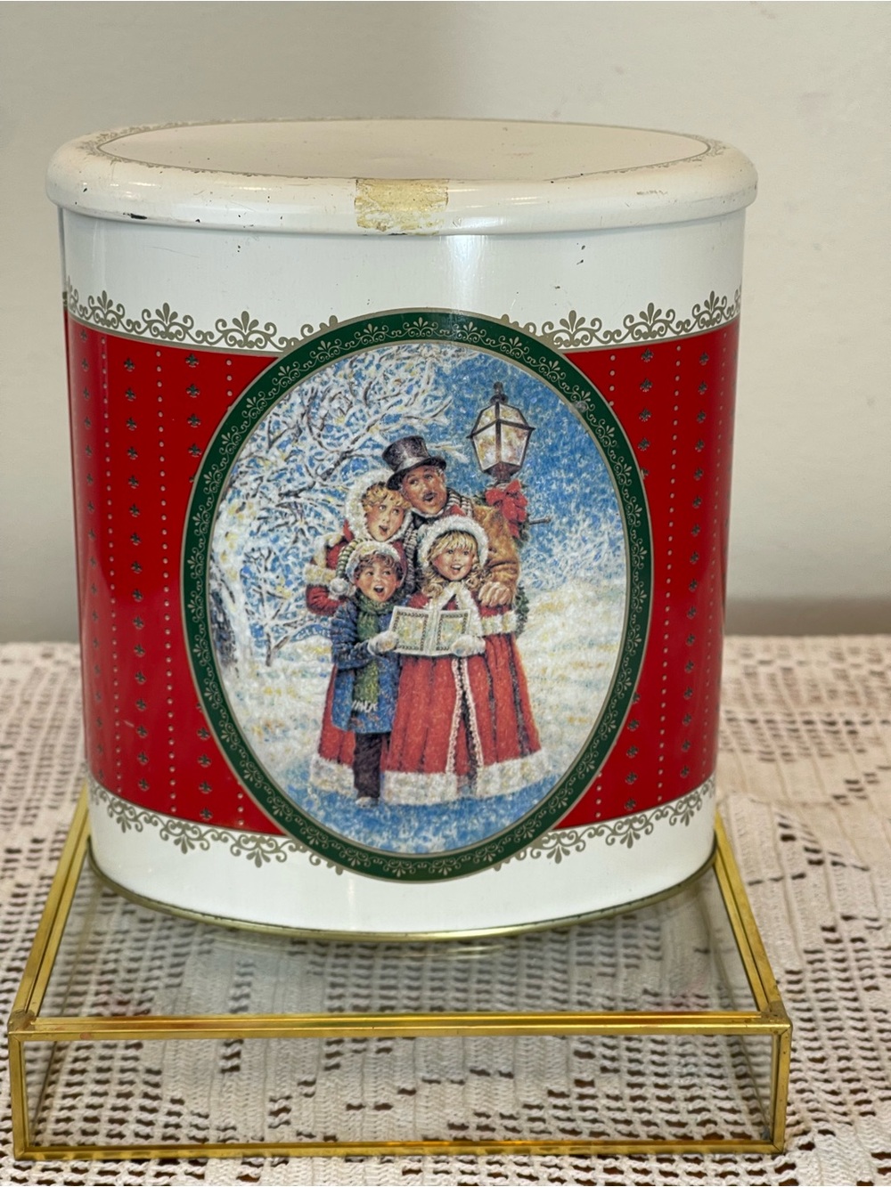 Holiday Carolers Decorative Tin Canister - Red & White